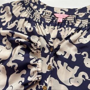 Lilly Pulitzer Elsa Elephant Navy and Cream Patterned Top